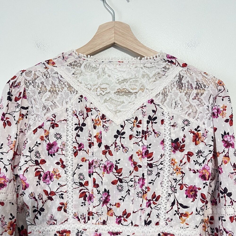 Anthropologie Puff Sleeve Floral Lace Trim Buttondown Blouse Top Size 4 Cottage - Picture 8 of 12